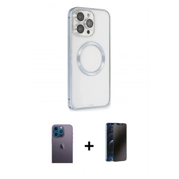 MARSİLYAN™- iPhone 13 Pro Max Kılıf Ahenk Işık Serisi - Siyah 3D Antistatik Hayalet Cam Ekran Koruyucu + Neon Fosforlu Kamera Lens - MI