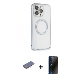 MARSİLYAN™- iPhone 13 Pro Max Kılıf Ahenk Işık Serisi - Siyah 3D Antistatik Hayalet Cam Ekran Koruyucu + Renkli Kamera Lens Koruma Cam - PE