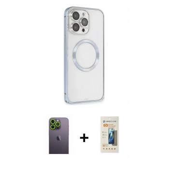 MARSİLYAN™- iPhone 13 Pro Max Kılıf Ahenk Işık Serisi - Siyah 6D Mat Seramik Hayalet Nano Ekran Koruyucu + Neon Fosforlu Kamera Lens - YL