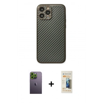 MARSİLYAN™- iPhone 13 Pro Max Kılıf Ahenk Işık - Siyah 6D Mat Seramik Hayalet Nano Ekran Koruyucu + Neon Fosforlu Kamera Lens - YL