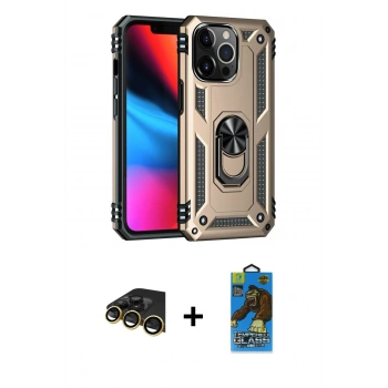 MARSİLYAN™- iPhone 13 Pro Max Kılıf Ahenk Klasik Koleksiyonu - Siyah 18D Cam Ekran Koruyucu + Raze Metal Kamera Lens - GD