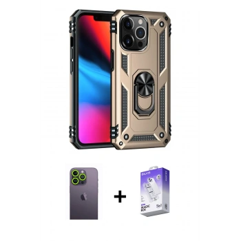 MARSİLYAN™- iPhone 13 Pro Max Kılıf Ahenk Klasik Koleksiyonu - Siyah Bilvis 5in1 3D Magic Cam Ekran Koruyucu + Neon Fosforlu Kamera Lens - YL