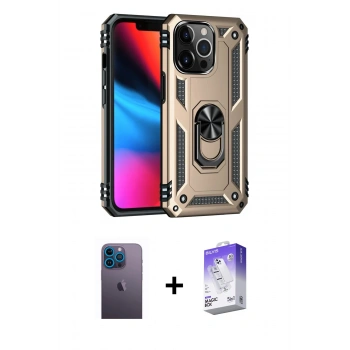 MARSİLYAN™- iPhone 13 Pro Max Kılıf Ahenk Klasik Koleksiyonu - Siyah Bilvis 5in1 3D Magic Cam Ekran Koruyucu + Neon Fosforlu Kamera Lens - MI