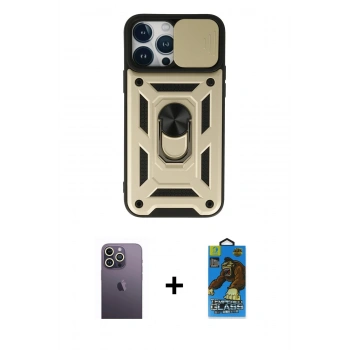 MARSİLYAN™- iPhone 13 Pro Max Kılıf Ahenk Klasik - Siyah 18D Cam Ekran Koruyucu + Neon Fosforlu Kamera Lens - BZ