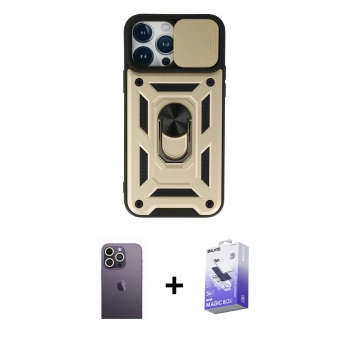 MARSİLYAN™- iPhone 13 Pro Max Kılıf Ahenk Klasik - Siyah Bilvis 5in1 5D Magic Hayalet Cam Ekran Koruyucu + Neon Fosforlu Kamera Lens - BZ
