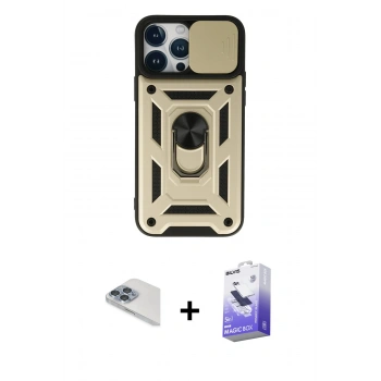 MARSİLYAN™- iPhone 13 Pro Max Kılıf Ahenk Klasik - Siyah Bilvis 5in1 5D Magic Hayalet Cam Ekran Koruyucu + Pers Alüminyum Kamera Lens - SABE