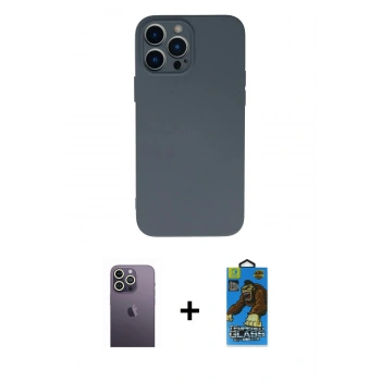 MARSİLYAN™- iPhone 13 Pro Max Kılıf Ahenk Serisi - Siyah 18D Cam Ekran Koruyucu + Neon Fosforlu Kamera Lens - BZ