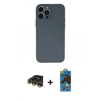 MARSİLYAN™- iPhone 13 Pro Max Kılıf Ahenk Serisi - Siyah 18D Cam Ekran Koruyucu + Raze Metal Kamera Lens - GD