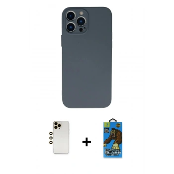 MARSİLYAN™- iPhone 13 Pro Max Kılıf Ahenk Serisi - Siyah 18D Cam Ekran Koruyucu + Shine Kamera Lens - GD