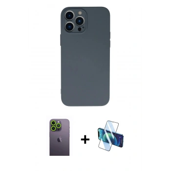 MARSİLYAN™- iPhone 13 Pro Max Kılıf Ahenk Serisi - Siyah 3D Antistatik Cam Ekran Koruyucu + Neon Fosforlu Kamera Lens - YL