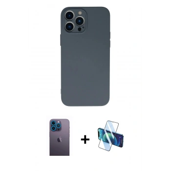 MARSİLYAN™- iPhone 13 Pro Max Kılıf Ahenk Serisi - Siyah 3D Antistatik Cam Ekran Koruyucu + Neon Fosforlu Kamera Lens - MI