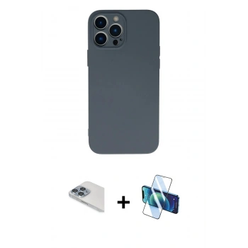 MARSİLYAN™- iPhone 13 Pro Max Kılıf Ahenk Serisi - Siyah 3D Antistatik Cam Ekran Koruyucu + Pers Alüminyum Kamera Lens - SABE