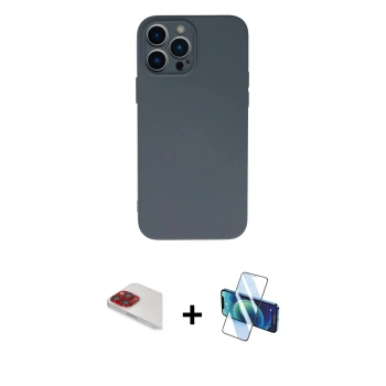 MARSİLYAN™- iPhone 13 Pro Max Kılıf Ahenk Serisi - Siyah 3D Antistatik Cam Ekran Koruyucu + Pers Alüminyum Kamera Lens - KI