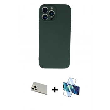 MARSİLYAN™- iPhone 13 Pro Max Kılıf Ahenk Serisi - Siyah 3D Antistatik Cam Ekran Koruyucu + Rainbow Kamera Lens Koruma Cam - BZ