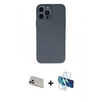 MARSİLYAN™- iPhone 13 Pro Max Kılıf Ahenk Serisi - Siyah 3D Antistatik Cam Ekran Koruyucu + Rainbow Kamera Lens Koruma Cam - REGD