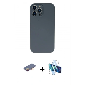 MARSİLYAN™- iPhone 13 Pro Max Kılıf Ahenk Serisi - Siyah 3D Antistatik Cam Ekran Koruyucu + Renkli Kamera Lens Koruma Cam - TU