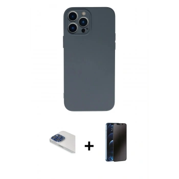 MARSİLYAN™- iPhone 13 Pro Max Kılıf Ahenk Serisi - Siyah 3D Antistatik Hayalet Cam Ekran Koruyucu + Pers Alüminyum Kamera Lens - LT