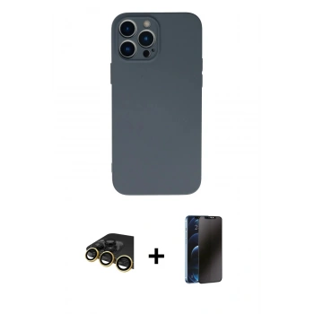 MARSİLYAN™- iPhone 13 Pro Max Kılıf Ahenk Serisi - Siyah 3D Antistatik Hayalet Cam Ekran Koruyucu + Raze Metal Kamera Lens - GD