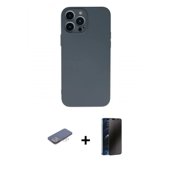 MARSİLYAN™- iPhone 13 Pro Max Kılıf Ahenk Serisi - Siyah 3D Antistatik Hayalet Cam Ekran Koruyucu + Renkli Kamera Lens Koruma Cam - MI