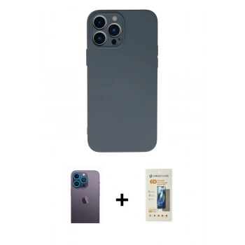 MARSİLYAN™- iPhone 13 Pro Max Kılıf Ahenk Serisi - Siyah 6D Mat Seramik Hayalet Nano Ekran Koruyucu + Neon Fosforlu Kamera Lens - MI