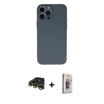 MARSİLYAN™- iPhone 13 Pro Max Kılıf Ahenk Serisi - Siyah Bilvis 3D Cam Ekran Koruyucu + Raze Metal Kamera Lens - GD