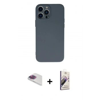 MARSİLYAN™- iPhone 13 Pro Max Kılıf Ahenk Serisi - Siyah Bilvis 3D Mat Cam Ekran Koruyucu + Pers Alüminyum Kamera Lens - GI