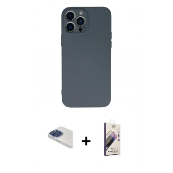 MARSİLYAN™- iPhone 13 Pro Max Kılıf Ahenk Serisi - Siyah Bilvis 3D Mat Cam Ekran Koruyucu + Pers Alüminyum Kamera Lens - LT