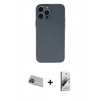 MARSİLYAN™- iPhone 13 Pro Max Kılıf Ahenk Serisi - Siyah Bilvis 3D Mat Cam Ekran Koruyucu + Rainbow Kamera Lens Koruma Cam - MI