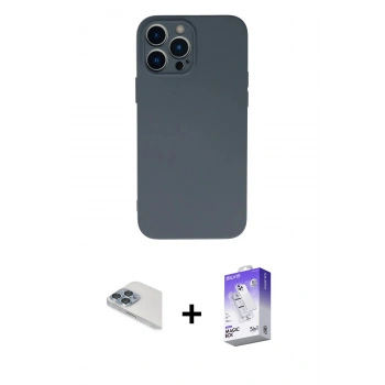 MARSİLYAN™- iPhone 13 Pro Max Kılıf Ahenk Serisi - Siyah Bilvis 5in1 3D Magic Cam Ekran Koruyucu + Pers Alüminyum Kamera Lens - SABE