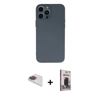 MARSİLYAN™- iPhone 13 Pro Max Kılıf Ahenk Serisi - Siyah Bilvis Hayalet Cam Ekran Koruyucu + Pers Alüminyum Kamera Lens - GI