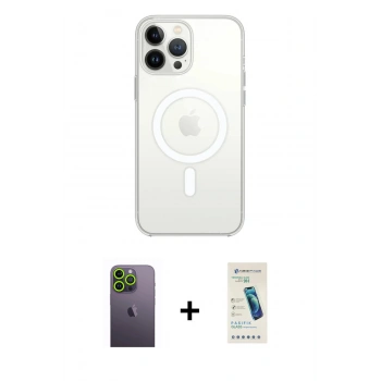 MARSİLYAN™- iPhone 13 Pro Max Kılıf Ahenk Yansıma Prime - Şeffaf Pasifik Cam Ekran Koruyucu + Neon Fosforlu Kamera Lens - YL