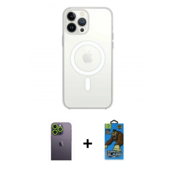 MARSİLYAN™- iPhone 13 Pro Max Kılıf Ahenk Yansıma Prime - Siyah 18D Cam Ekran Koruyucu + Neon Fosforlu Kamera Lens - YL