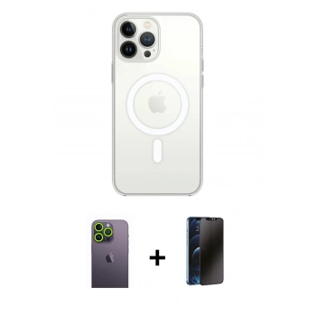 MARSİLYAN™- iPhone 13 Pro Max Kılıf Ahenk Yansıma Prime - Siyah 3D Antistatik Hayalet Cam Ekran Koruyucu + Neon Fosforlu Kamera Lens - YL