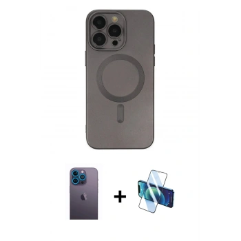MARSİLYAN™- iPhone 13 Pro Max Kılıf Akış Minimal Özel Seri - Siyah 3D Antistatik Cam Ekran Koruyucu + Neon Fosforlu Kamera Lens - MI