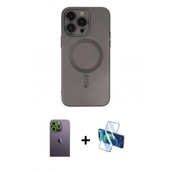 MARSİLYAN™- iPhone 13 Pro Max Kılıf Akış Minimal Özel Seri - Siyah 3D Antistatik Cam Ekran Koruyucu + Neon Fosforlu Kamera Lens - YL