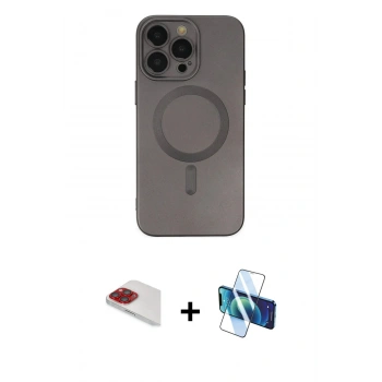 MARSİLYAN™- iPhone 13 Pro Max Kılıf Akış Minimal Özel Seri - Siyah 3D Antistatik Cam Ekran Koruyucu + Pers Alüminyum Kamera Lens - KI