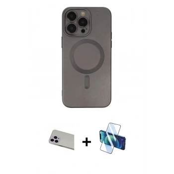 MARSİLYAN™- iPhone 13 Pro Max Kılıf Akış Minimal Özel Seri - Siyah 3D Antistatik Cam Ekran Koruyucu + Rainbow Kamera Lens Koruma Cam - MR