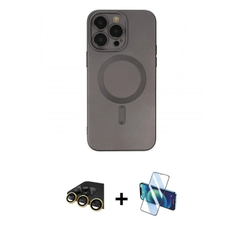 MARSİLYAN™- iPhone 13 Pro Max Kılıf Akış Minimal Özel Seri - Siyah 3D Antistatik Cam Ekran Koruyucu + Raze Metal Kamera Lens - GD