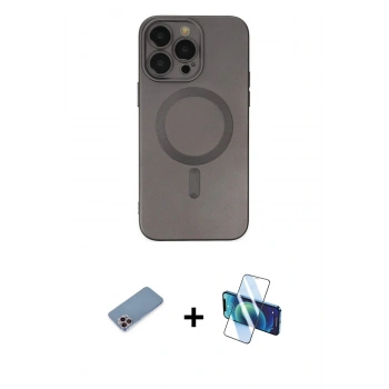 MARSİLYAN™- iPhone 13 Pro Max Kılıf Akış Minimal Özel Seri - Siyah 3D Antistatik Cam Ekran Koruyucu + Shine Kamera Lens Koruma Cam - PE