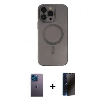 MARSİLYAN™- iPhone 13 Pro Max Kılıf Akış Minimal Özel Seri - Siyah 3D Antistatik Hayalet Cam Ekran Koruyucu + Neon Fosforlu Kamera Lens - MI