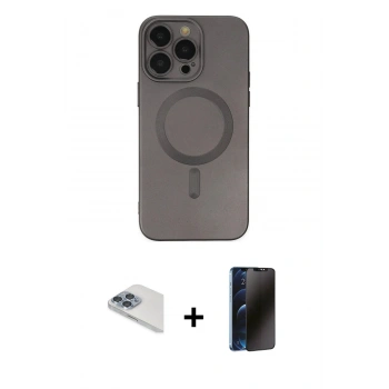 MARSİLYAN™- iPhone 13 Pro Max Kılıf Akış Minimal Özel Seri - Siyah 3D Antistatik Hayalet Cam Ekran Koruyucu + Pers Alüminyum Kamera Lens - SABE