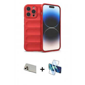 MARSİLYAN™- iPhone 13 Pro Max Kılıf Atlas Koleksiyonu - Siyah 3D Antistatik Cam Ekran Koruyucu + Rainbow Kamera Lens Koruma Cam - REGD