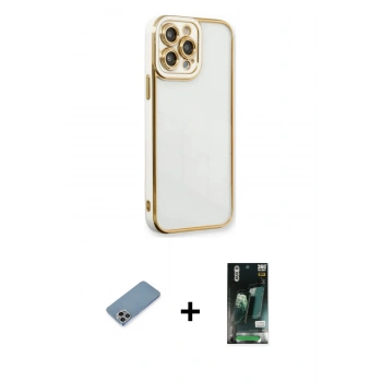 MARSİLYAN™- iPhone 13 Pro Max Kılıf Çekirdek Klasik Serisi - Şeffaf 360 Full Body Arka Koruyucu + Shine Kamera Lens Koruma Cam - GI
