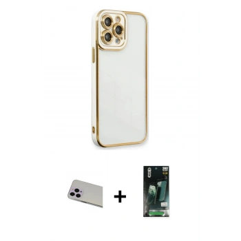 MARSİLYAN™- iPhone 13 Pro Max Kılıf Çekirdek Klasik Serisi - Şeffaf 360 Full Body Arka Koruyucu + Rainbow Kamera Lens Koruma Cam - MR