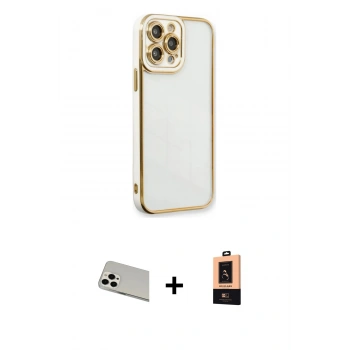 MARSİLYAN™- iPhone 13 Pro Max Kılıf Çekirdek Klasik Serisi - Şeffaf Maxco Cam Ekran Koruyucu + Rainbow Kamera Lens Koruma Cam - BZ