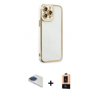 MARSİLYAN™- iPhone 13 Pro Max Kılıf Çekirdek Klasik Serisi - Şeffaf Maxco Cam Ekran Koruyucu + Pers Alüminyum Kamera Lens - LT