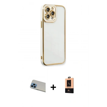 MARSİLYAN™- iPhone 13 Pro Max Kılıf Çekirdek Klasik Serisi - Şeffaf Maxco Cam Ekran Koruyucu + Rainbow Kamera Lens Koruma Cam - MI