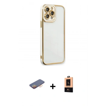 MARSİLYAN™- iPhone 13 Pro Max Kılıf Çekirdek Klasik Serisi - Şeffaf Maxco Cam Ekran Koruyucu + Renkli Kamera Lens Koruma Cam - TU