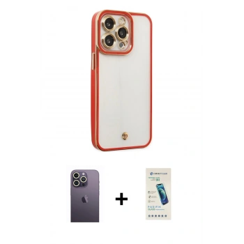 MARSİLYAN™- iPhone 13 Pro Max Kılıf Çekirdek Klasik Serisi - Şeffaf Pasifik Cam Ekran Koruyucu + Neon Fosforlu Kamera Lens - BZ