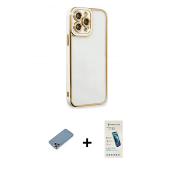 MARSİLYAN™- iPhone 13 Pro Max Kılıf Çekirdek Klasik Serisi - Şeffaf Pasifik Cam Ekran Koruyucu + Shine Kamera Lens Koruma Cam - GI